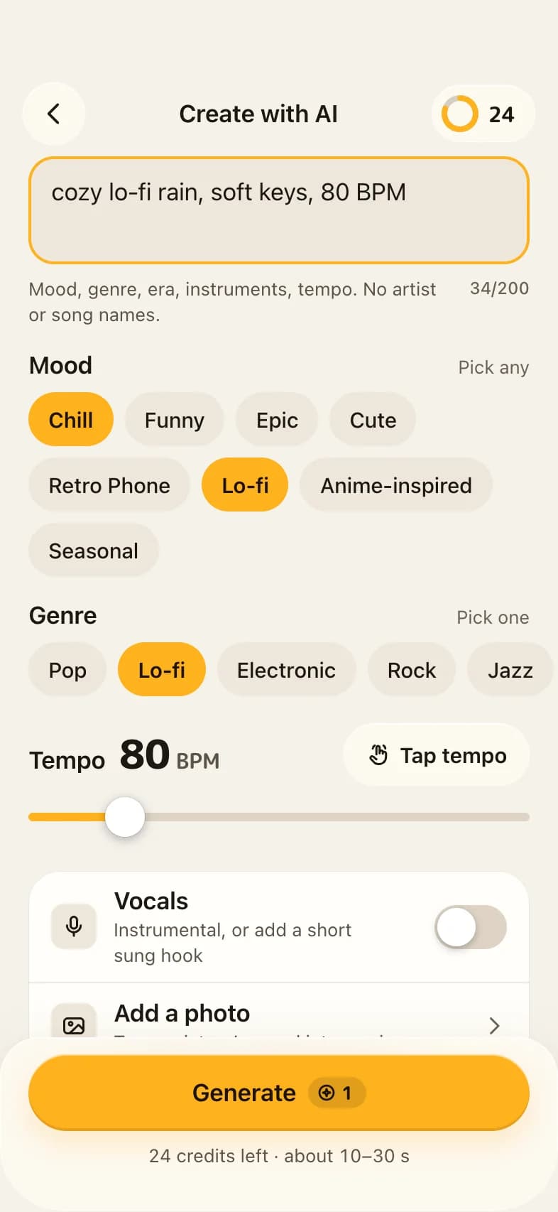 Create with AI screen with a vibe prompt, mood chips and tempo slider