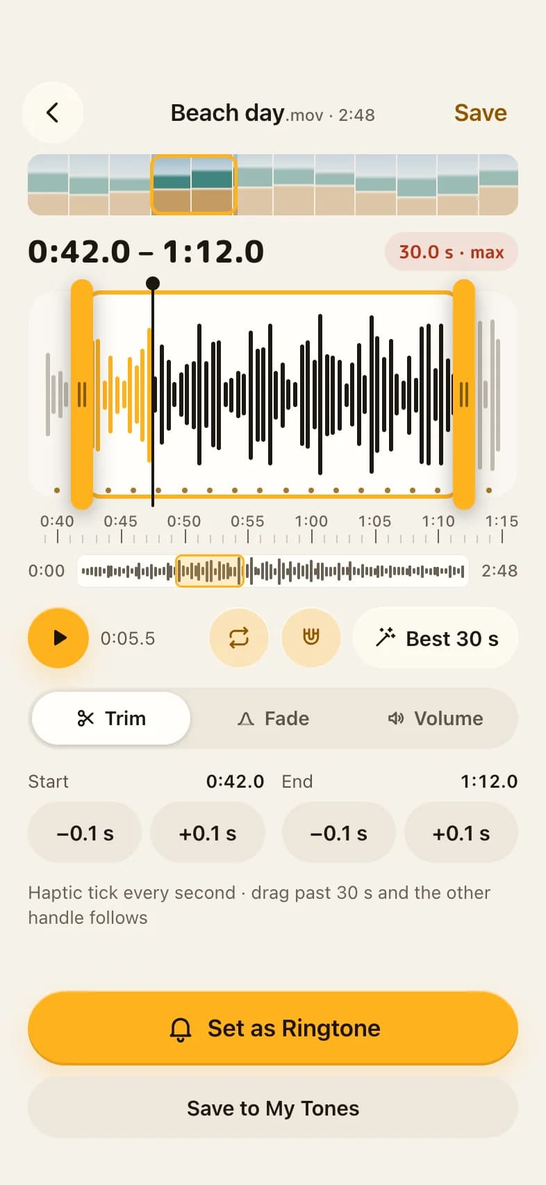 Waveform editor selecting a 30-second clip from a video
