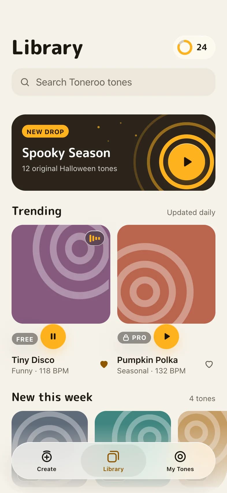 Library screen with the Spooky Season drop and trending tones