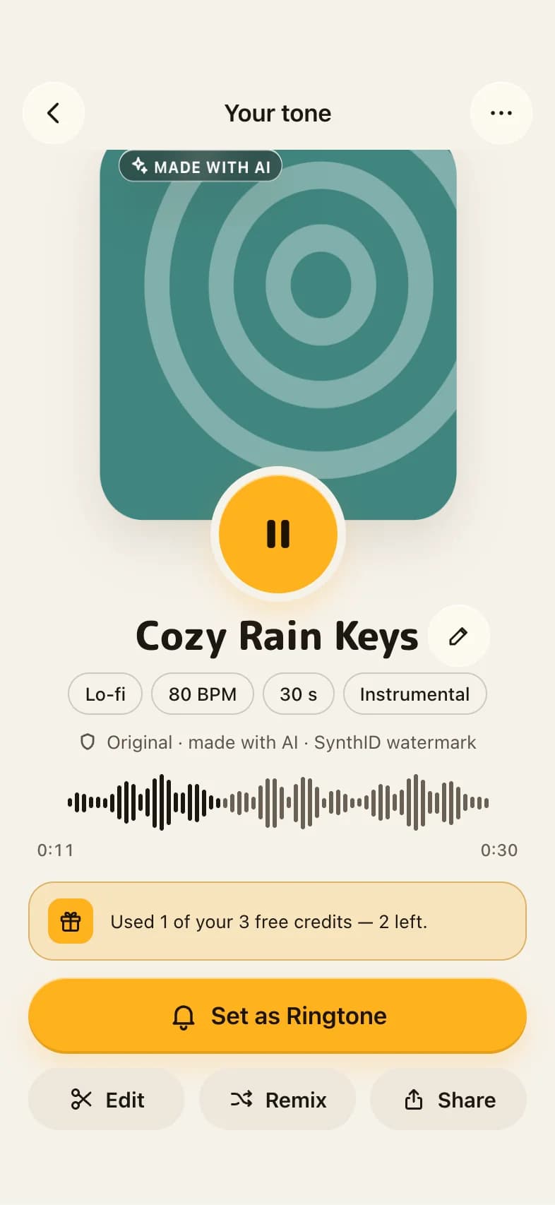 Toneroo showing a finished tone called Cozy Rain Keys, ready to set as a ringtone