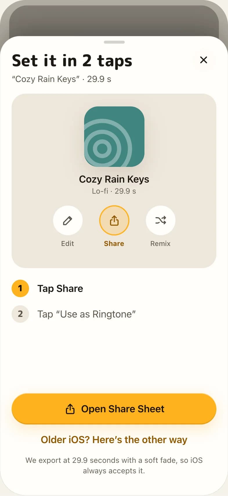 Set it in 2 taps sheet showing the Share and Use as Ringtone steps